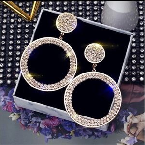 Silver inlaid crystal round pendant earrings